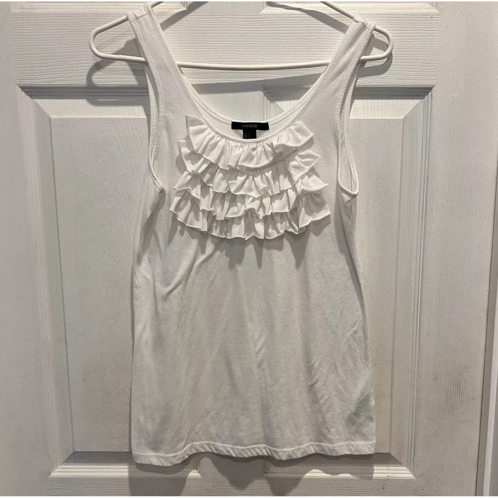 Forever 21 Womens White Ruffle‎ Front Tank Scoop Neck Sleeveless L Cottagecore